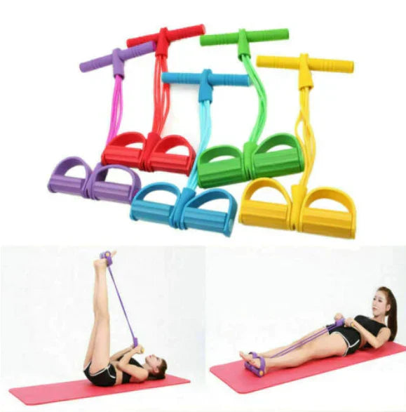 Bunte Fitness-Widerstandsbänder mit Pedalen, Yoga-Übungen, Heimtraining, elastisch, Set.