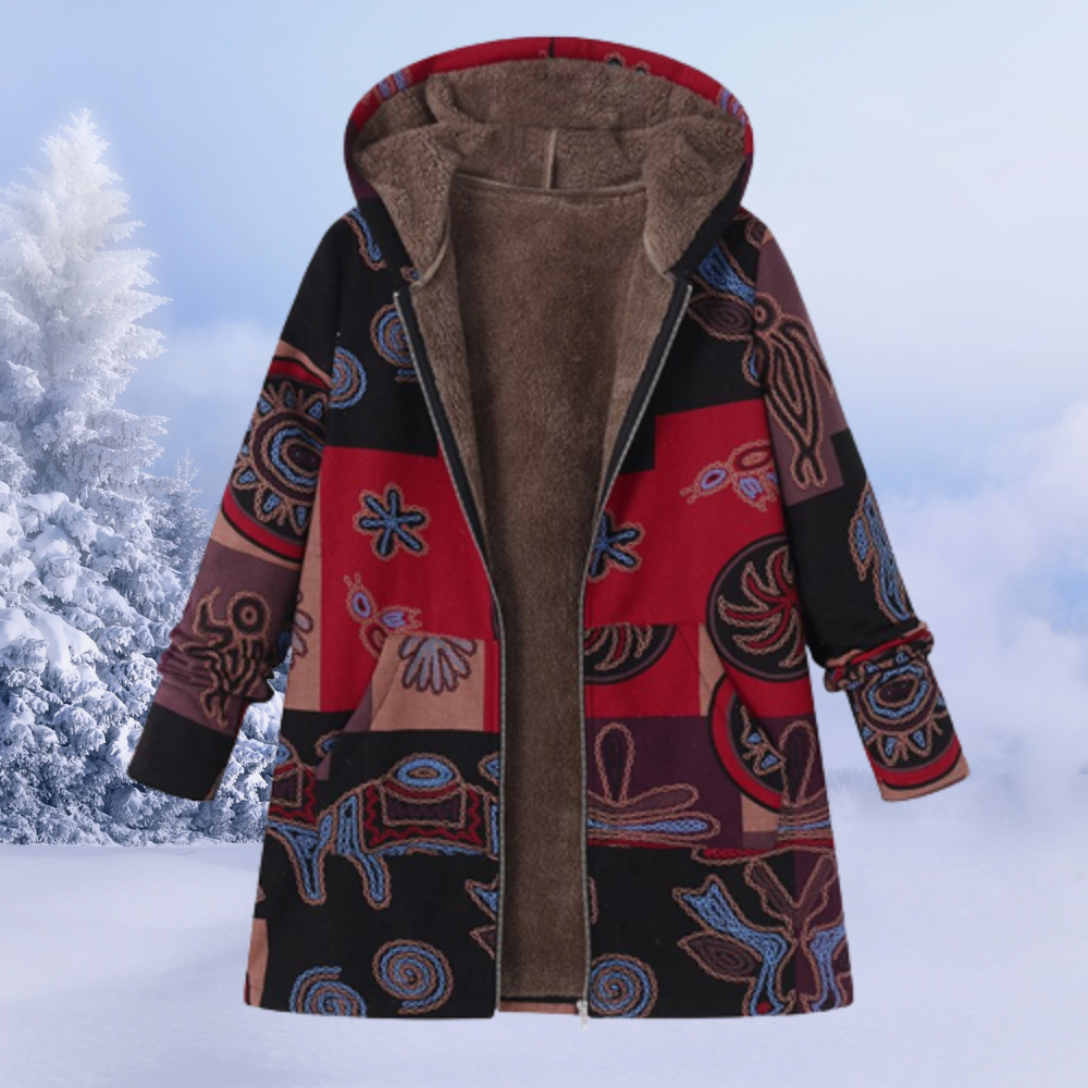 Bunte Damen-Winterjacke mit Kapuze, Ethno-Muster, warmes Futter, ideal für kalte Tage.