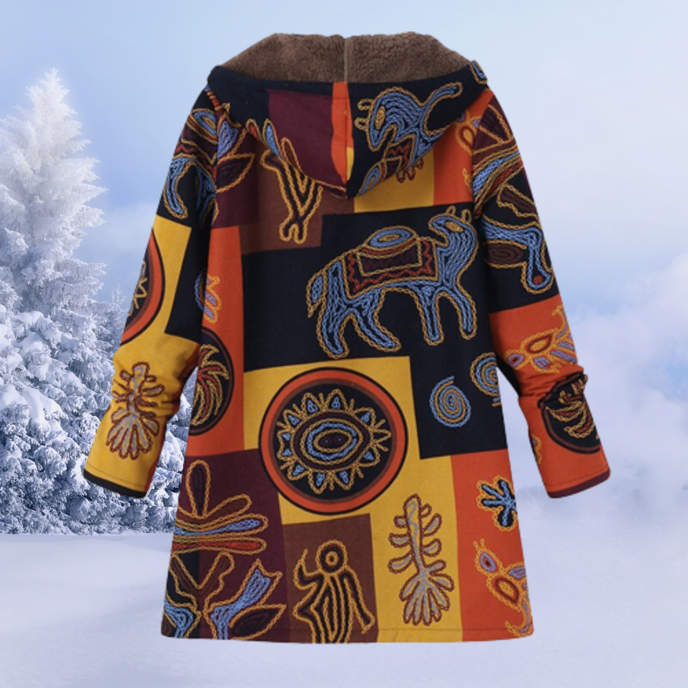 Bunter Wintermantel mit Kapuze, Ethno-Muster, warmes Fleece, Damenmode, Outdoor-Bekleidung.