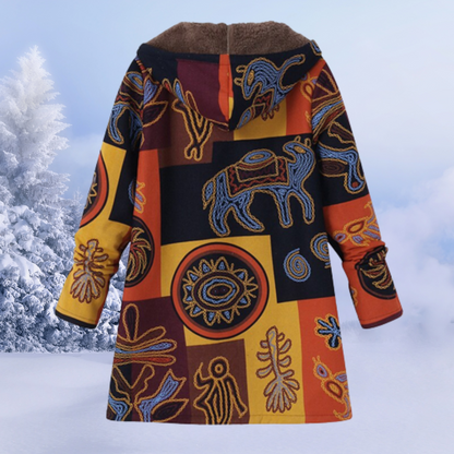 Bunter Wintermantel mit Kapuze, Ethno-Muster, warmes Fleece, Damenmode, Outdoor-Bekleidung.