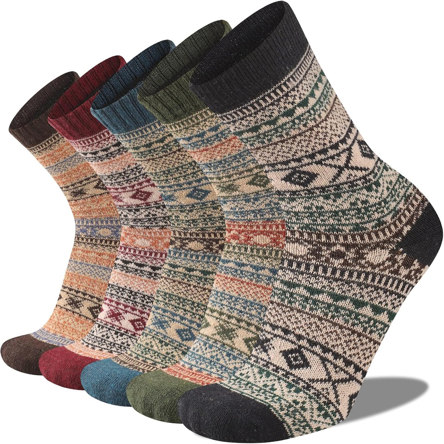 Fünf Paar bunte, warme Wollsocken mit Norwegermuster für Damen und Herren.
