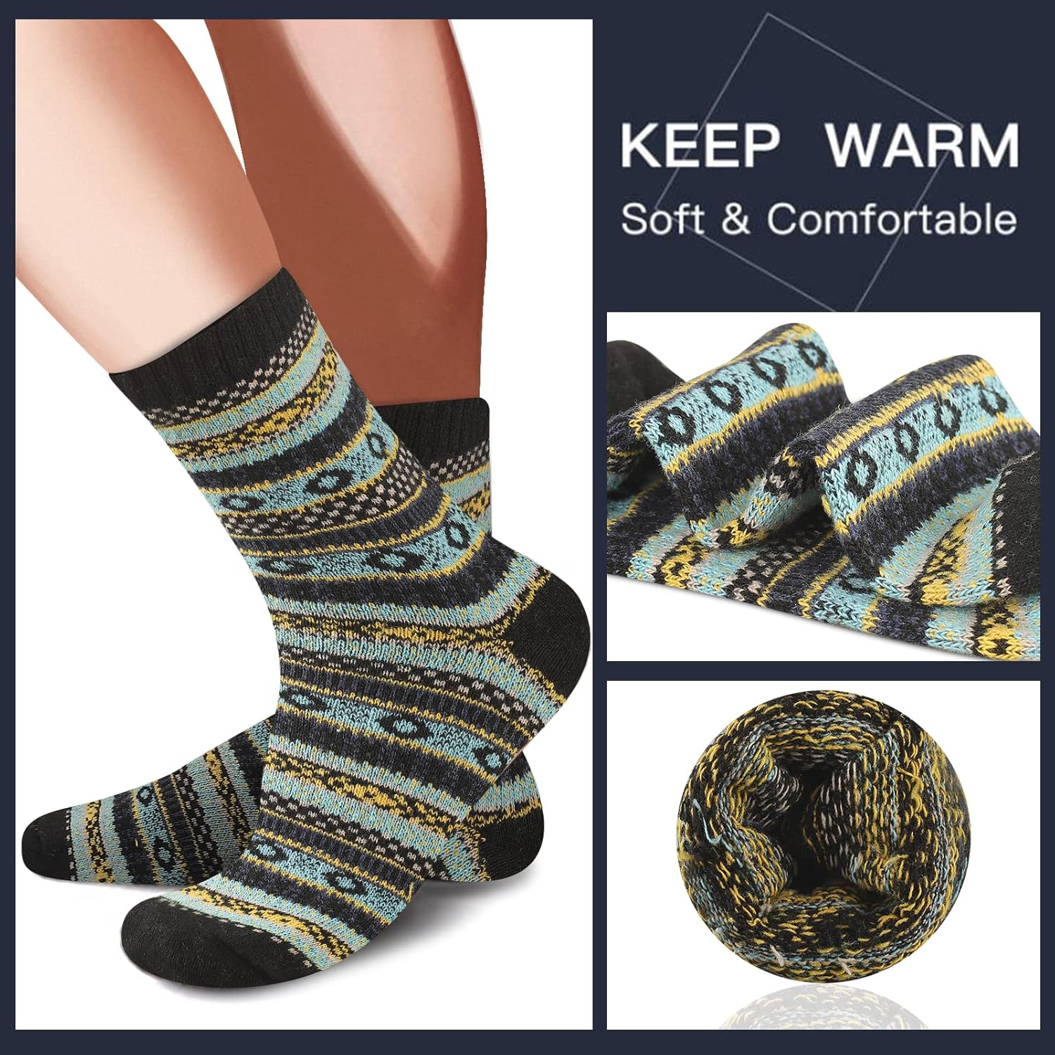 Bunte Wollsocken für Damen, warm, weich, gemustert, ideal für Winter, bequem.