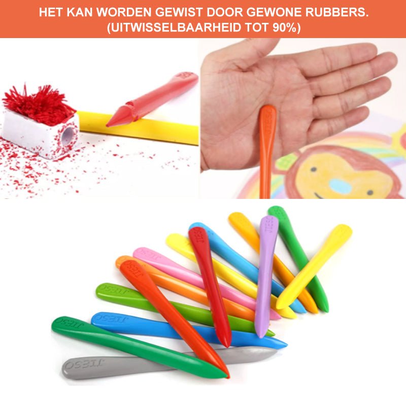 Bunte, abwischbare Wachsmalstifte für Kinder, ergonomisch, Set aus 12 Stück.