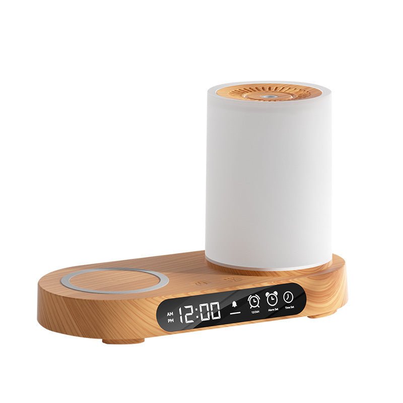 Moderner Aroma-Diffuser aus Holz mit LED-Anzeige, weißer Zylinder, stilvolles Design.