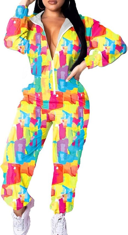 Farbiger Damen-Jumpsuit mit abstraktem Muster, Reißverschluss, langärmelig, Freizeitmode.