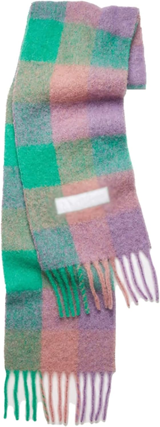 Bunter Karoschal aus Wolle, grün-lila, weiches Material, modisches Accessoire für Herbst/Winter.