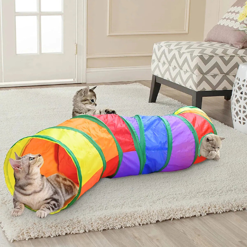 Drei Katzen spielen in einem bunten Katzentunnel auf einem Teppich im Wohnzimmer.
