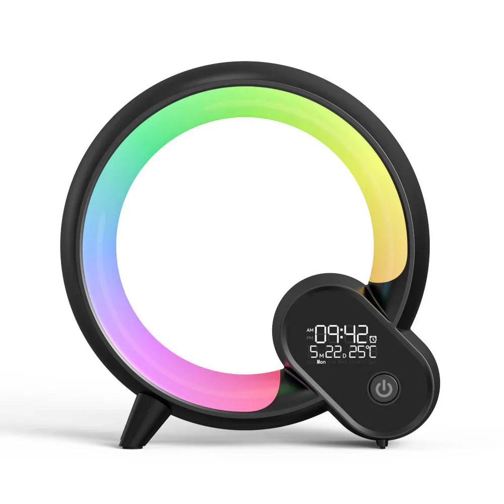 Schwarzer LED-Wecker mit Regenbogenlicht, digitalem Display und Temperaturanzeige.