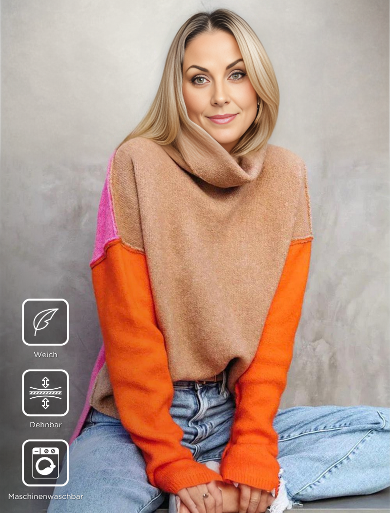 Frau in orange-braunem Pullover, weiches Material, dehnbar, maschinenwaschbar, lässiger Stil.