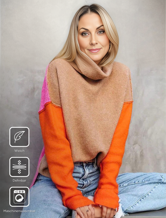 Frau in orange-braunem Pullover, weiches Material, dehnbar, maschinenwaschbar, lässiger Stil.