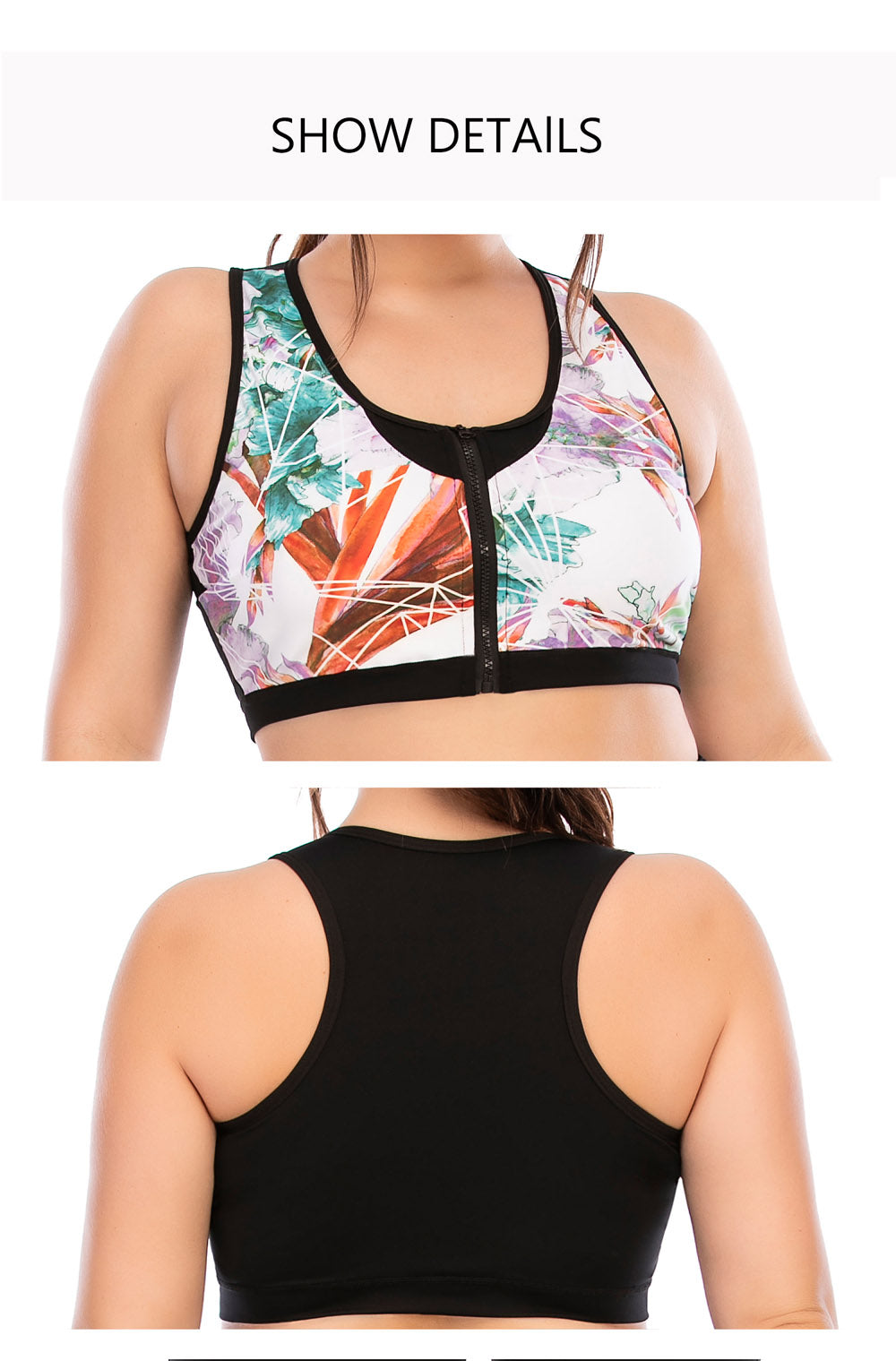 Damen Sport-BH mit Reißverschluss, buntes Muster, Racerback, Fitnessbekleidung.
