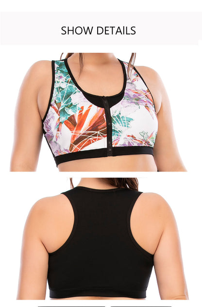 Damen Sport-BH mit Reißverschluss, buntes Muster, Racerback, Fitnessbekleidung.