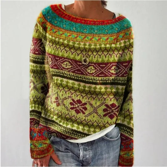 Farbiger Damenpullover mit Norwegermuster, O-Ausschnitt, langärmelig, lässig, Herbstmode.