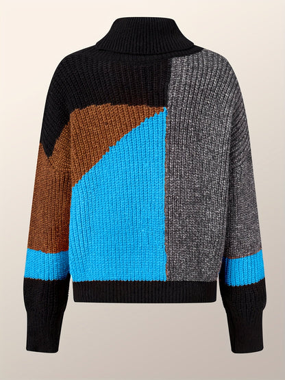 Bunter Strickpullover mit Rollkragen, geometrisches Muster, Blau, Braun, Grau, Schwarz.