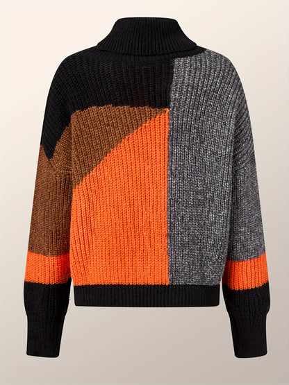 Damenpullover, mehrfarbig, Strick, Rollkragen, geometrisches Muster, Herbstmode, warm.