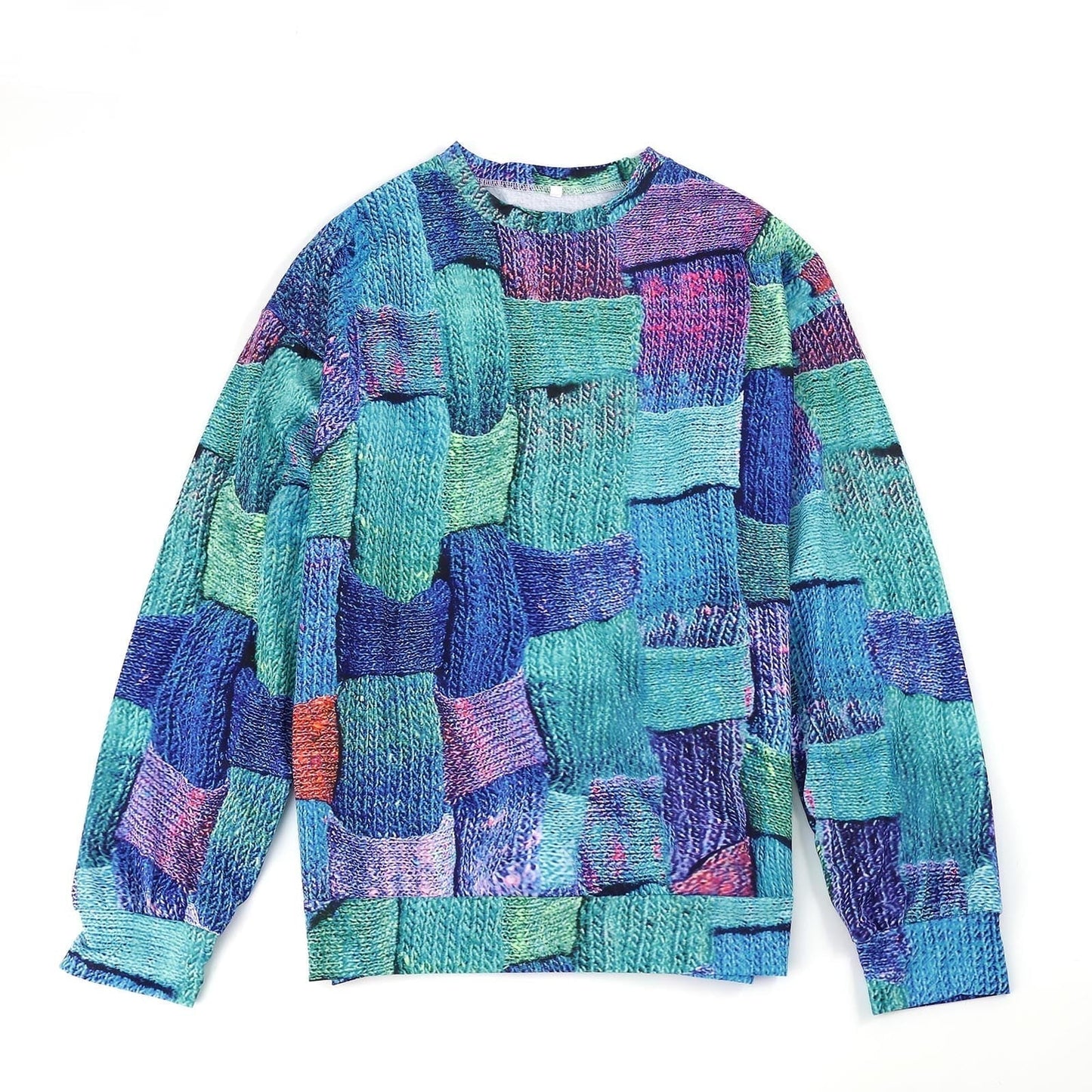Bunter Strickpullover, Patchwork-Design, Blau- und Grüntöne, Unisex, modisch, bequem.