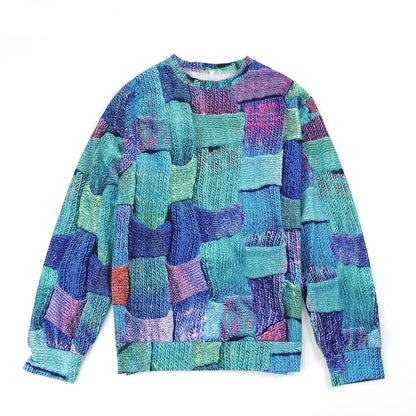 Bunter Strickpullover, Patchwork-Design, Blau- und Grüntöne, Unisex, modisch, bequem.
