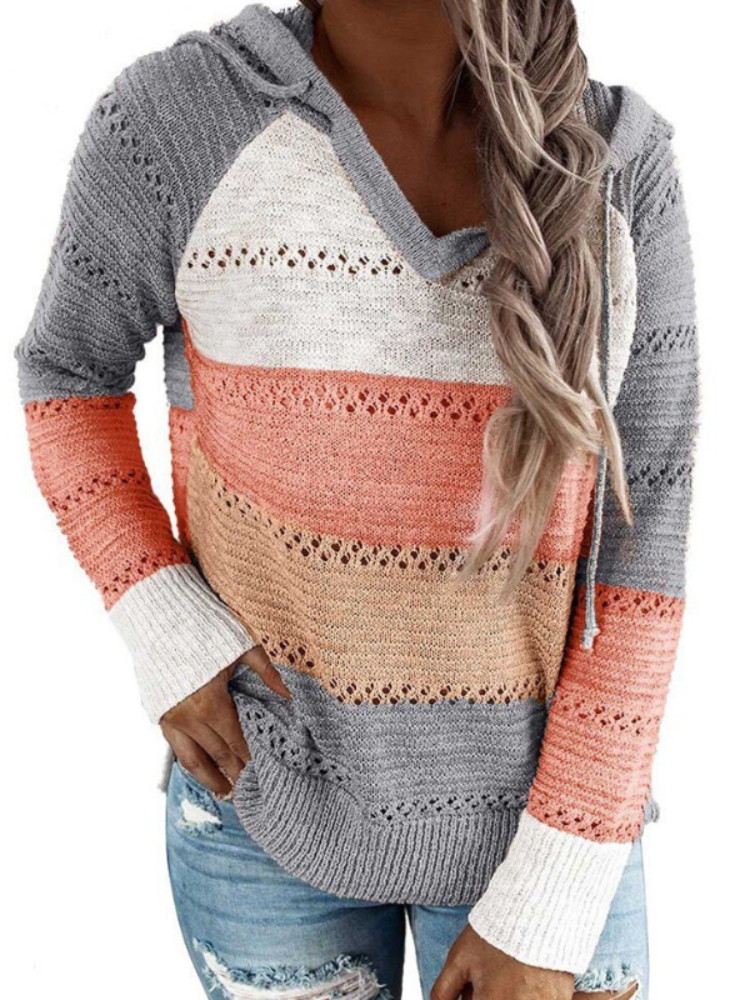 Damen-Pullover, gestreift, grau-rosa, Strick, Kapuze, lässig, modisch, Herbstmode.