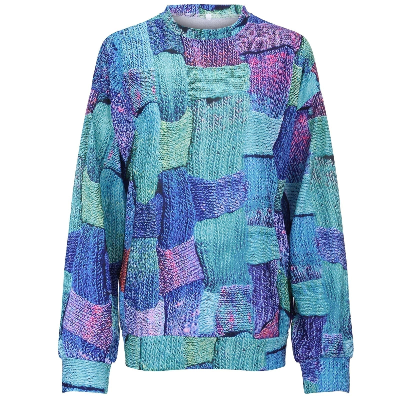 Bunter Strickpullover, Patchwork-Design, Blau- und Grüntöne, Unisex, Freizeitmode, Baumwolle.
