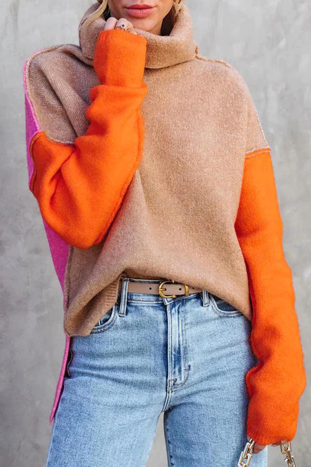 Damenpullover beige-orange, Rollkragen, Strick, lässig, modisch, Herbstmode, Streetwear.
