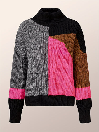 Damenpullover, mehrfarbig, Strick, Rollkragen, geometrisches Muster, modisch, warm.