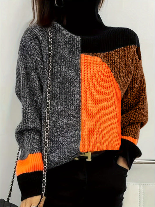 Damenpullover, Patchwork-Design, orange-grau, Strick, modisch, Herbstmode, langärmelig.