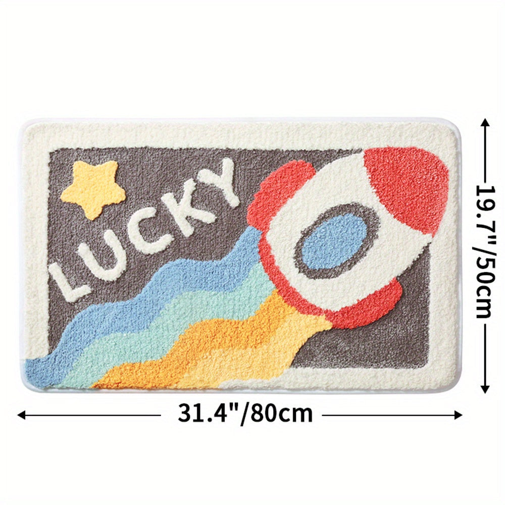 Bunter Kinderteppich mit Raketenmotiv, Schriftzug "Lucky", 80x50 cm, rutschfest, waschbar.