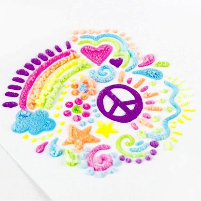 Buntes 3D-Puff-Sticker-Design mit Regenbogen, Herz, Friedenszeichen und Sternen auf weißem Hintergrund.