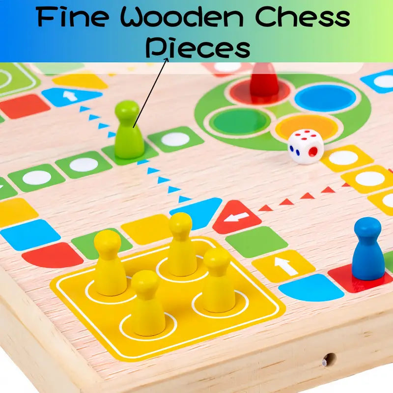 Holzspielbrett mit bunten Spielfiguren und Würfel, Lernspielzeug für Kinder.