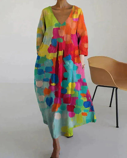 Buntes Damenkleid mit abstraktem Muster, V-Ausschnitt, langärmelig, knielang, Freizeitmode.
