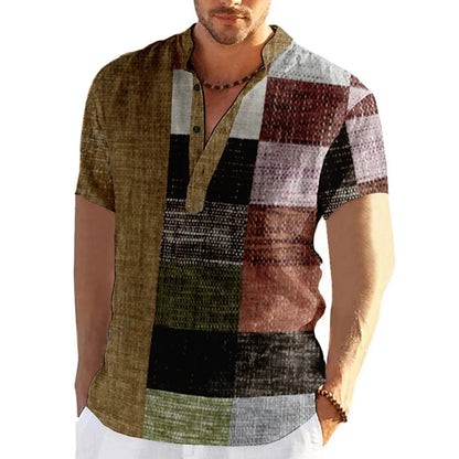 Herrenhemd mit Patchwork-Design, kurzärmelig, V-Ausschnitt, mehrfarbig, lässig.