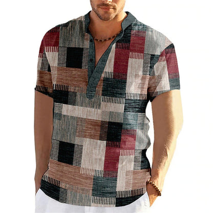 Herrenhemd mit Patchwork-Muster, kurzärmelig, V-Ausschnitt, mehrfarbig, lässig.