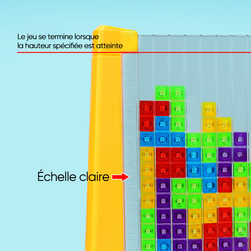 Gelbes Tetris-Spielzeug mit bunten Bausteinen, transparentem Rahmen, Lernspielzeug.