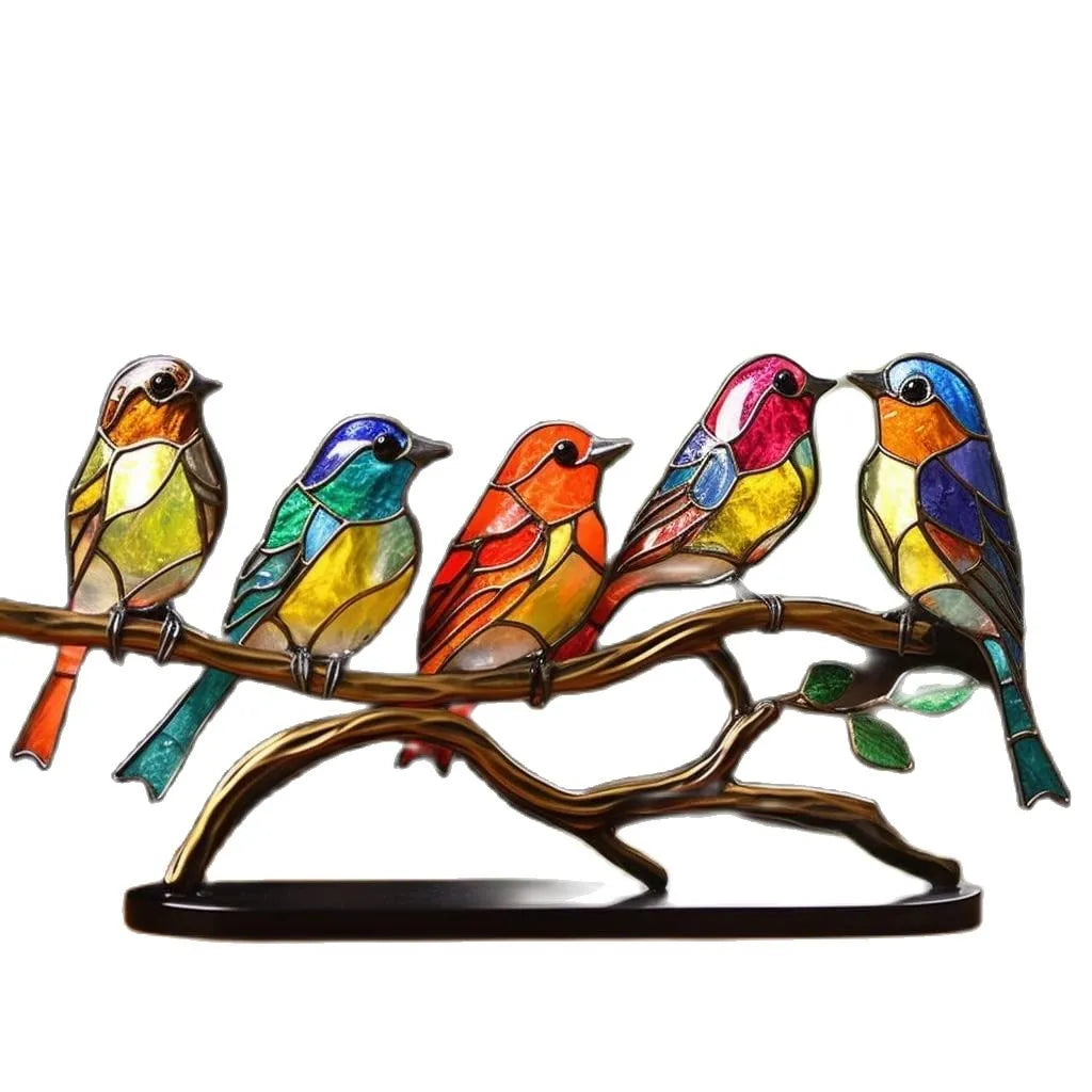Buntglas-Vögel auf Ast Skulptur, dekorative Glasfigur, farbenfrohe Wohnkultur, Geschenkidee.