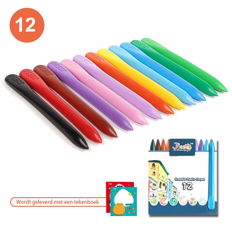 Zwölf bunte Wachsmalstifte, Kunststoff, für Kinder, inklusive Malbuch, Set von 72.