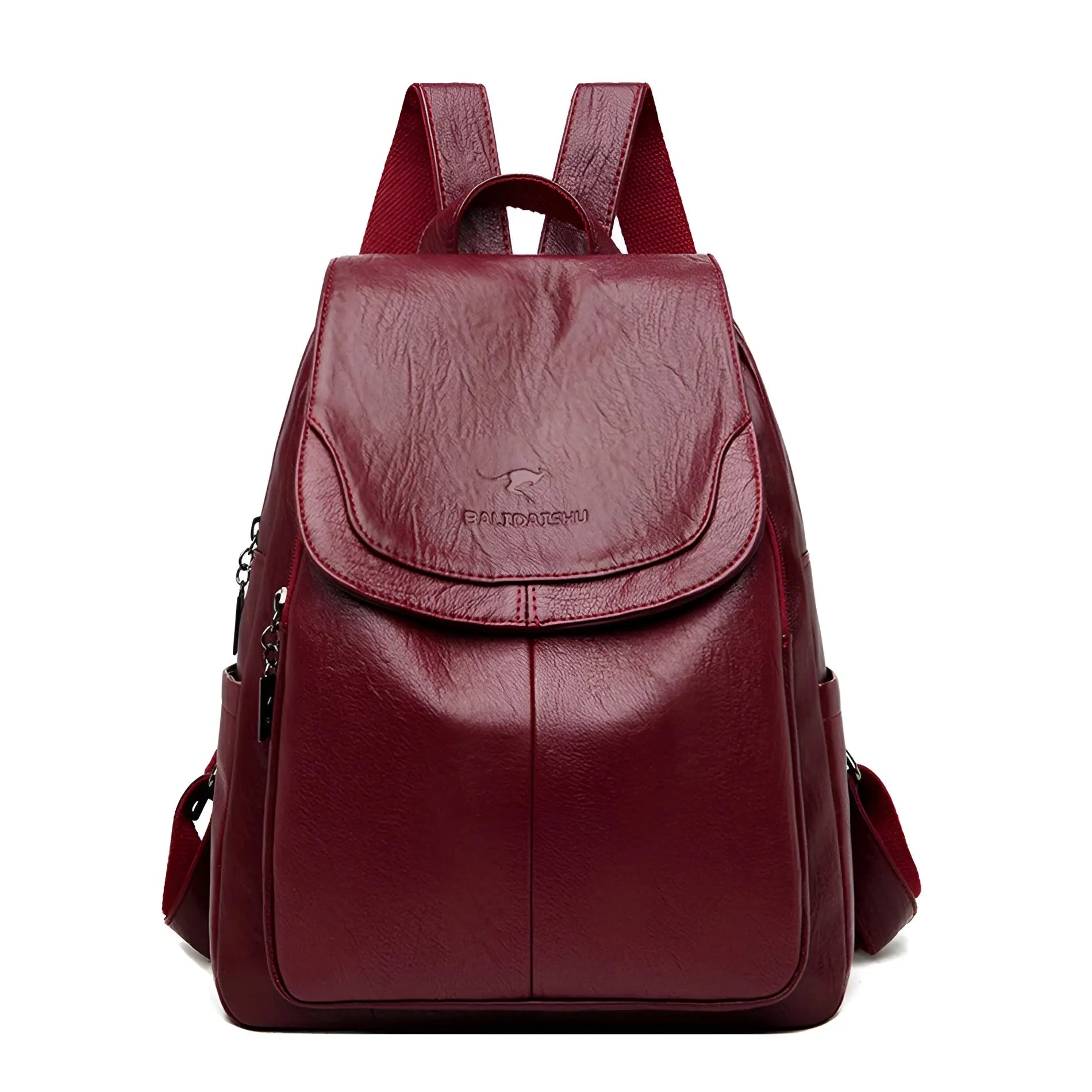 Burgunderrote Lederrucksack, stilvoll, geräumig, ideal für Reisen und Alltag, Damenmode.