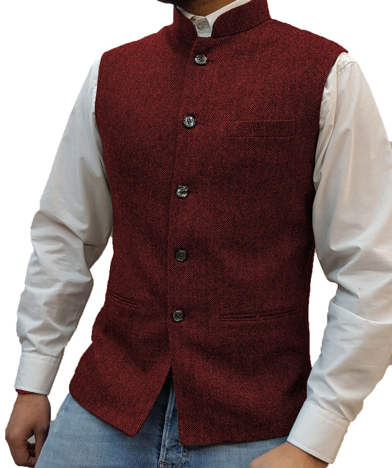 Bordeauxrote Herrenweste, Tweed, Stehkragen, Knöpfe, elegantes Design, Herrenmode.