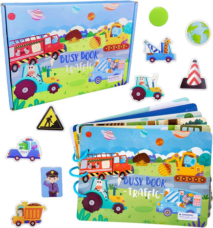 Verkehrs-Busy-Book für Kinder, Lernspielzeug, bunt, mit Fahrzeugen und Straßenschildern.