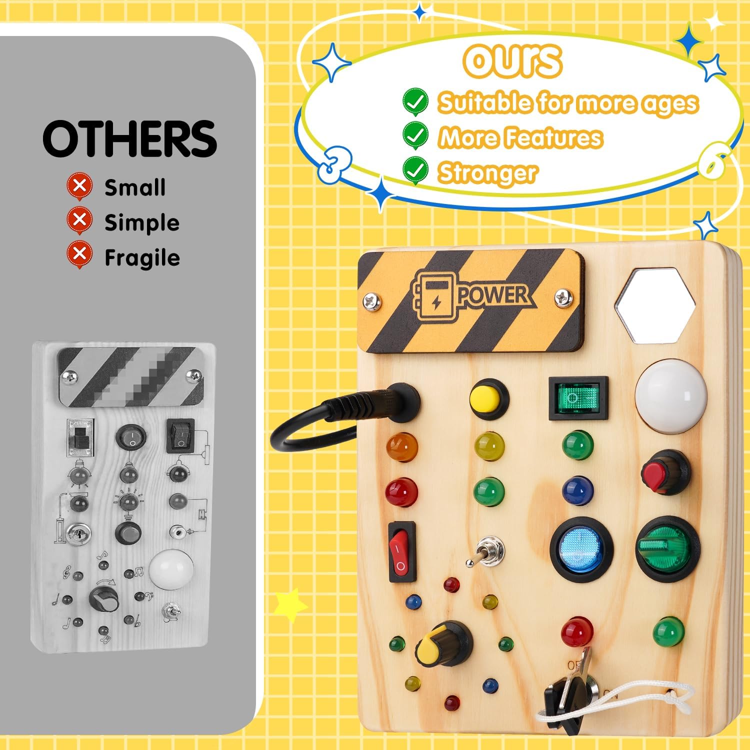 Holz Busyboard für Kinder, multifunktional, Lernspielzeug, gelb, mit Knöpfen und Schaltern.