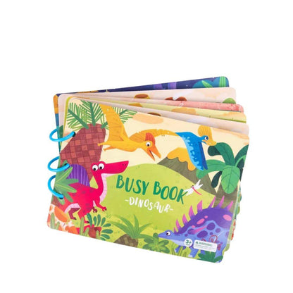 Buntes Dinosaurier-Busy-Book für Kinder, Lernspielzeug, Pappbuch, ab 3 Jahren.