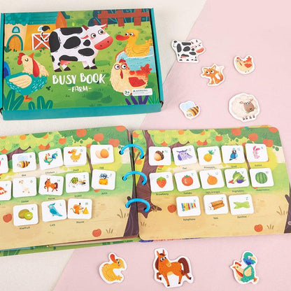 Busy Book für Kinder, Bauernhof-Thema, Lernspielzeug, farbenfrohe Illustrationen, Tiere.