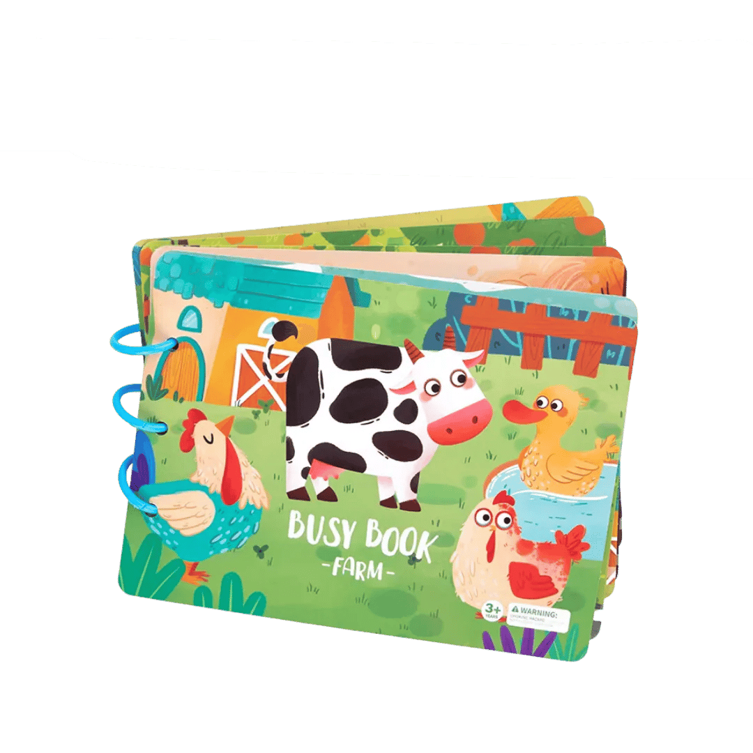 Kinder-Busybook Bauernhof, Lernbuch mit Tieren, farbenfroh, pädagogisch, ab 3 Jahren.