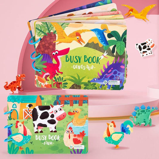 Buntes Busy Book für Kinder, Dinosaurier- und Bauernhof-Themen, Lernspielzeug, Pappbuch.