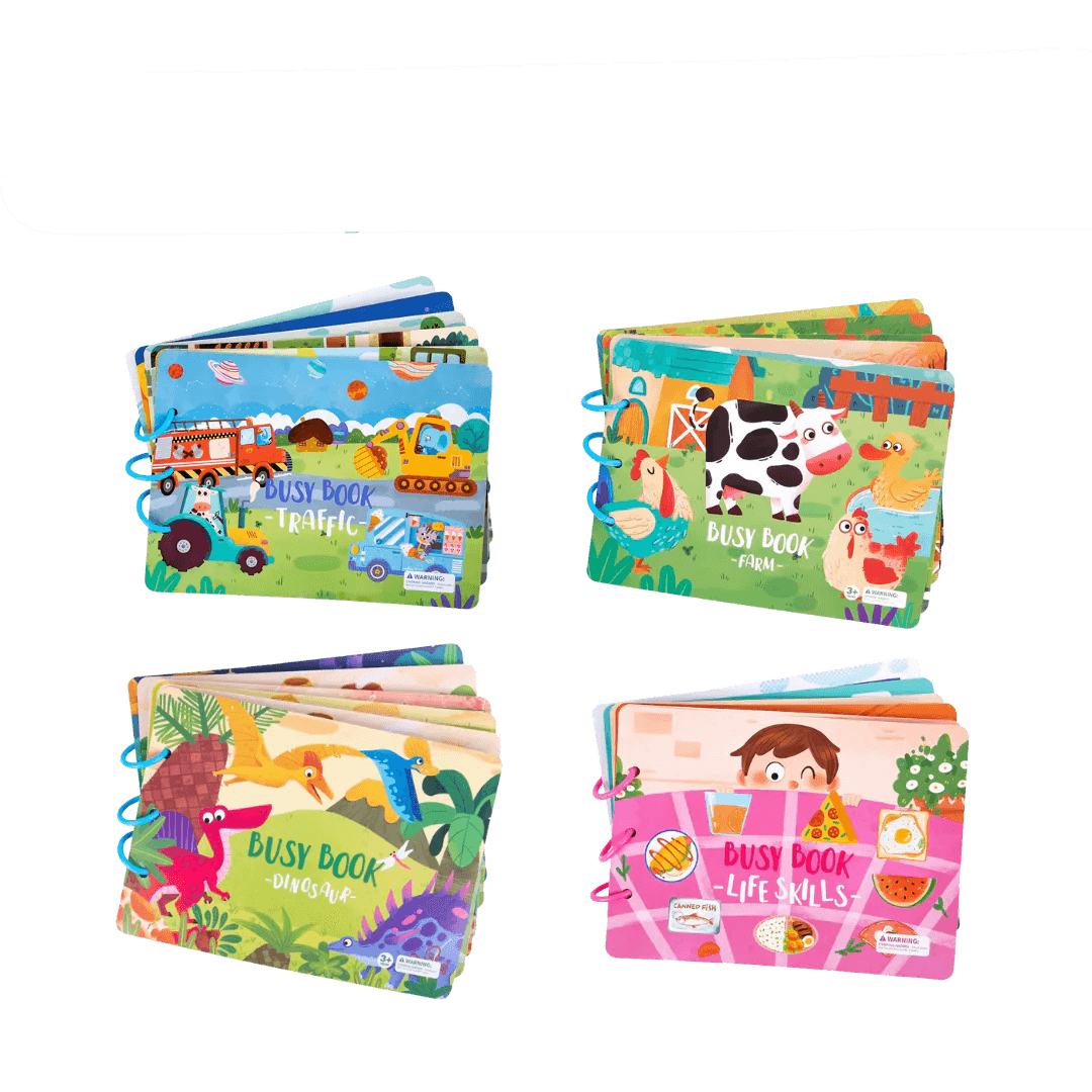 Vier bunte Busy Books für Kinder, Themen: Verkehr, Bauernhof, Dinosaurier, Lebenskompetenzen.