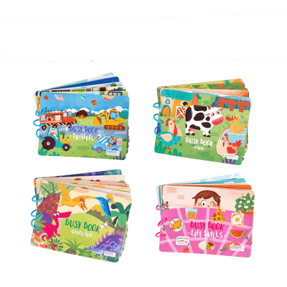 Vier bunte Busy Books für Kinder, Themen: Verkehr, Bauernhof, Dinosaurier, Lebenskompetenzen.