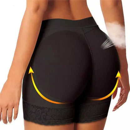Damen Push-Up Shapewear Shorts, schwarz, nahtlos, figurformend, mit Spitzenbesatz.