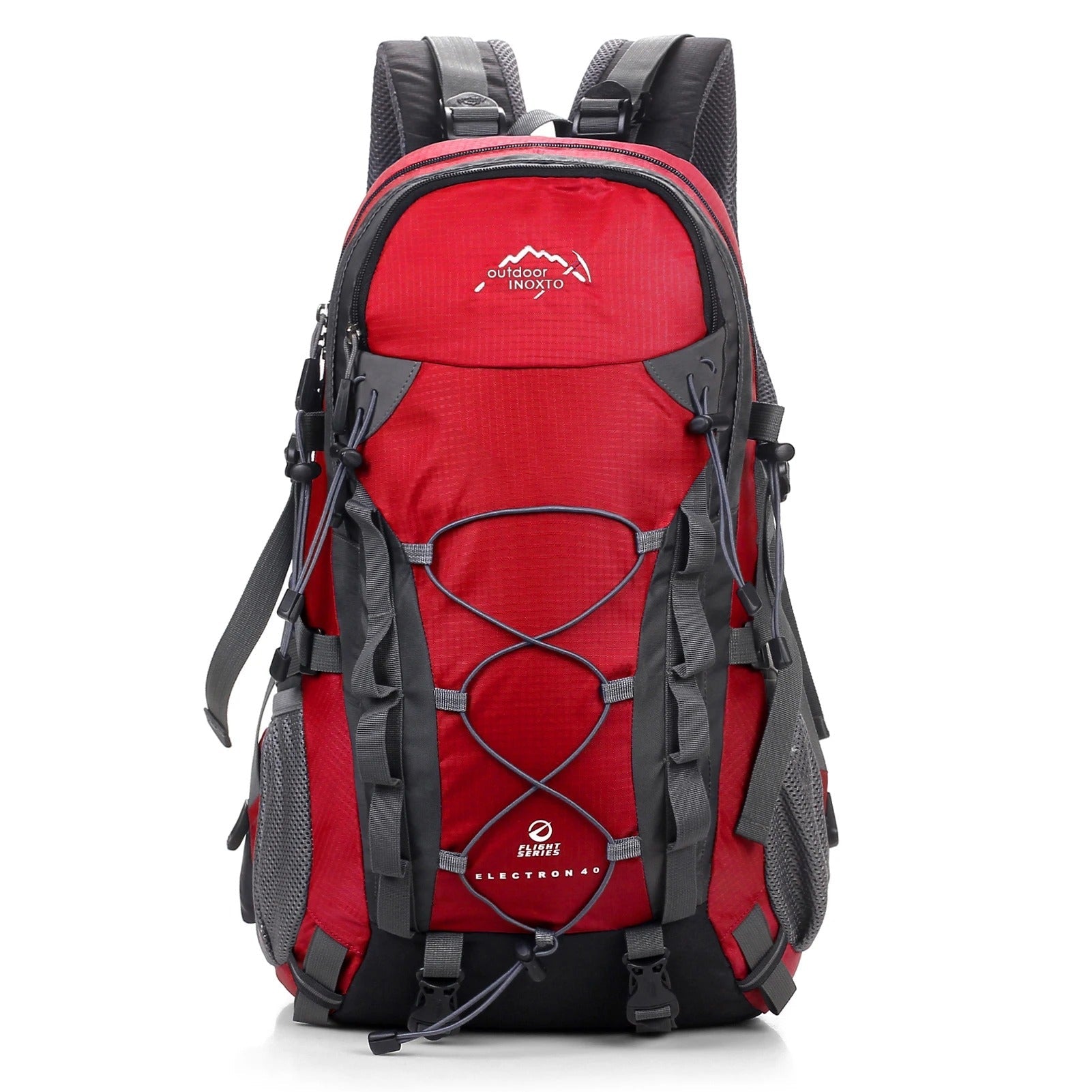 Roter Wanderrucksack, Outdoor, wasserdicht, 40L, mit mehreren Taschen und verstellbaren Gurten.