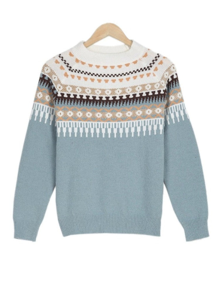 Blauer Strickpullover mit Norwegermuster, Rundhalsausschnitt, Wintermode, Unisex, Baumwolle.