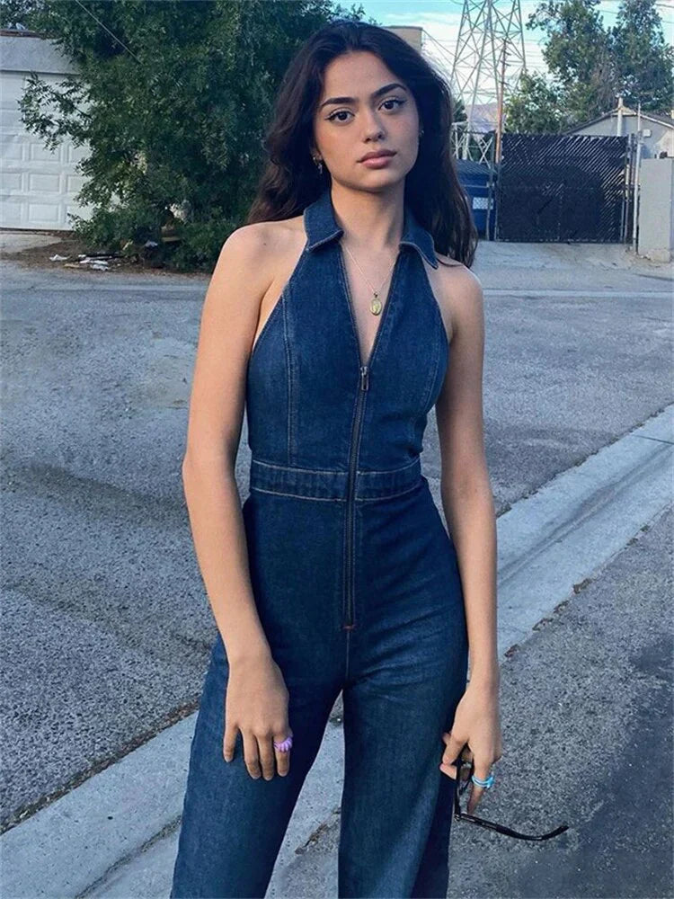 Andningsbar och stilren denimjumpsuit med V-ringning för damer – Fenja