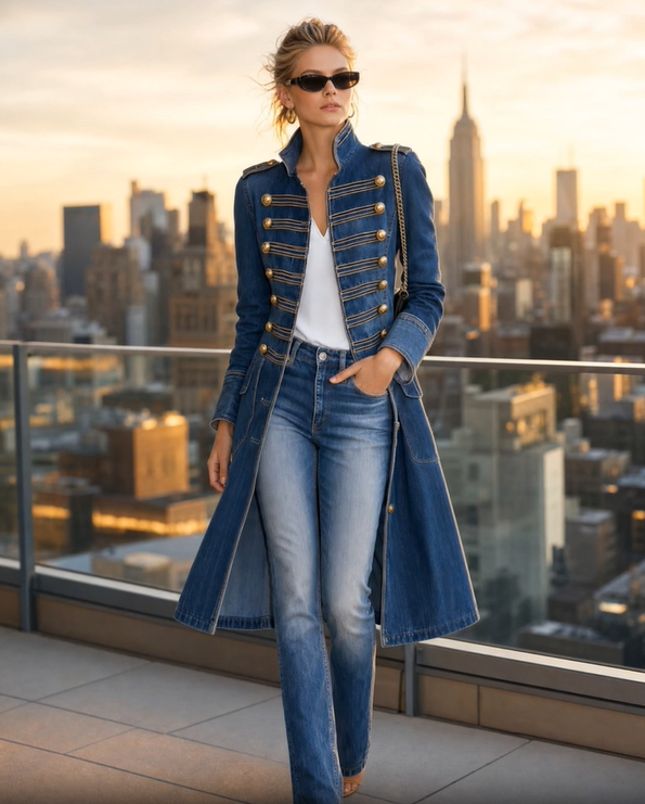 Modell i blå denimkappa, solglasögon och jeans på en takterrass med stadssilhuett i solnedgång, handen i fickan. 3